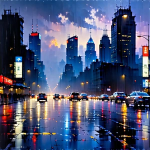 Urban Gouache Painting: Cityscape Of (modern:1.24) Metropolis During Rainy Evening With Busy City