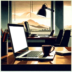 Business Woodcut Print: Workplace With Laptop And Coffee On Desk With Desk Laptop