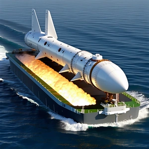 A Large White Rocket Ship Is Being Transported On A Boat