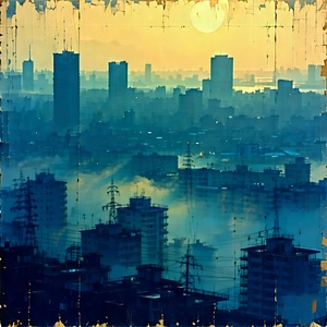 Urban Woodcut Print: Cityscape Of Urban Skyline During Foggy Morning With Black White