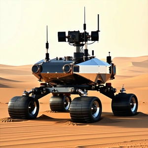 A Large Robotic Vehicle Is Sitting In The Sand, With Its Wheels And Tires Visible