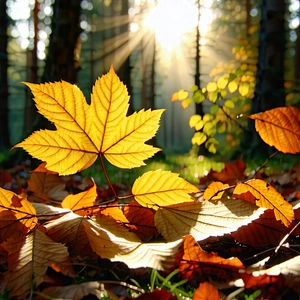 Nature Product Photography: Autumn Leaves In Sunlit Clearing With Beautiful Autumn