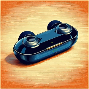 Tech Linocut Print: Wireless Earbuds With Streaming Content With Blue Black