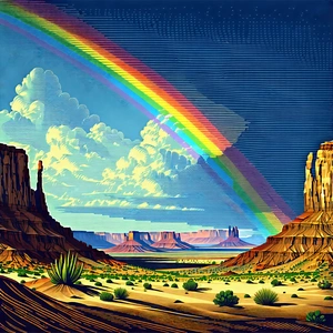 Nature Woodcut Print: Rainbow Over Desert With Painting Rainbow