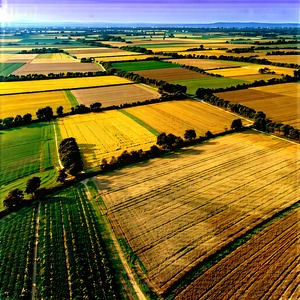 Nature Gouache Painting: Aerial View Of Agricultural Fields With Large, Panoramic