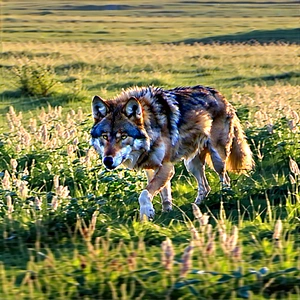 Nature Aerial Photography: Wolf in prairie grassland