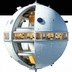 A Large White Sphere, Which Appears To Be A Space Station Or A Futuristic Building