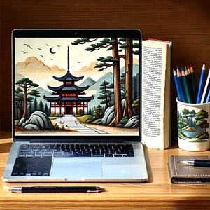 Tech Woodcut Print: Laptop With Streaming Content With Laptop Computer