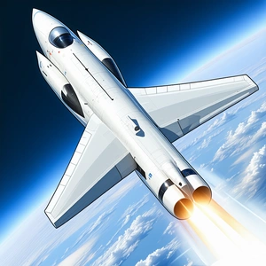 A White Space Shuttle Is Flying Through The Sky, Leaving A Trail Of Smoke Behind It