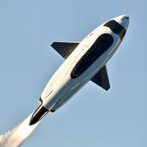 A Rocket Is Flying Through The Sky, Leaving A Trail Of Smoke Behind It
