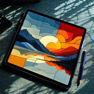 Tablet With Digital Artwork With Table Laptop
