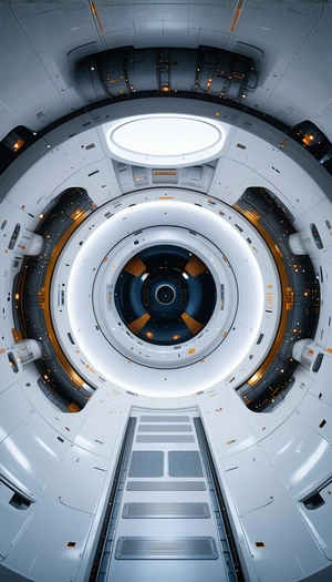 The Image Is A Close-up Of A Large, Round, White Room With A Circular Window In The Center