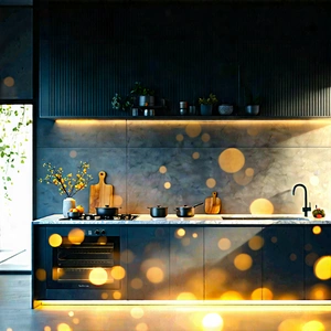 Lifestyle Matte Painting: (modern:1.3) Kitchen With Warm Lighting With Modern Kitchen
