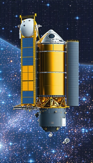 A Large Spacecraft With A Gold And Yellow Color Scheme, Floating In The Vastness Of Space