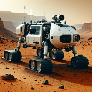 A Futuristic Vehicle, Possibly A Tank Or A Rocket, Parked On A Dirt Surface