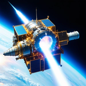 A Space Shuttle Is Flying Through The Sky, With A Bright Light Shining From Its Underside