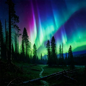 Nature Advertising Photography: Northern Lights Over (forest:1.21) Clearing With Captures Beautiful