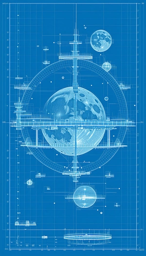 A Blue Drawing Of A Space Station Is Shown, With A Large Blue Circle In The Center