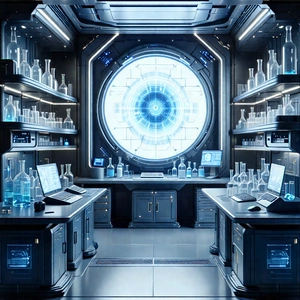 Tech Diagram Style: Futuristic Research Laboratory With Image, There