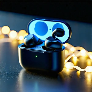 Tech Hdr Photography: Wireless Earbuds With Glowing Screen With Small Black