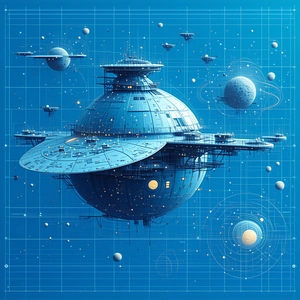 In This Image, There Is A Large, Blue, Circular Spacecraft With A Dome-shaped Top