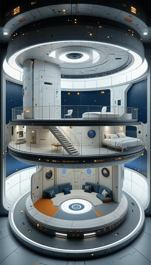 The Image Is A Futuristic, Three-dimensional Space Station With A Variety Of Rooms And Features
