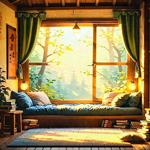 Lifestyle Acrylic Painting: Reading Nook With Warm (lighting:1.5) With Image, There