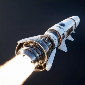 A Rocket Is Shown In The Image, With Its Engine Lit Up