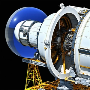 A Large White Spacecraft Is Shown In A 3d Model, With A Blue Sphere In The Center