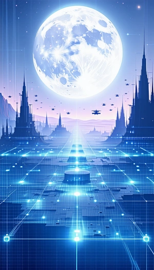 futuristic scene, large moon seen