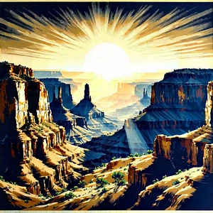 Nature Ink Drawing: Canyon During Sunrise With Painting Sunset