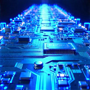 Circuit Board With Blue Light Glow With Close-up Computer