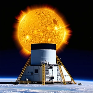 A Large White Structure With A Yellow Sun Shining Brightly In The Background