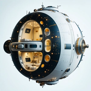 The Image Is A 3d Rendering Of A Space Station, Showcasing Its Interior And Exterior