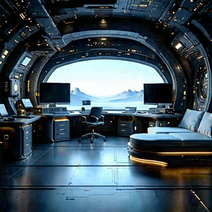 Futuristic (digital:1.32) Workspace With Futuristic Room,