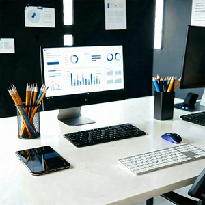 Business Hdr Photography: Workplace with productivity tools on desk