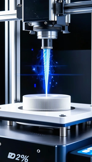 A Blue Laser Is Cutting Through A White Plastic Object, Creating A Sparkling Effect