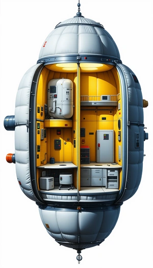 In The Image, There Is A Large, Round, White And Yellow Spacecraft With A Hollow Interior