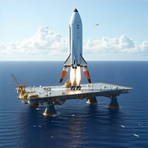 A Space Shuttle Launching From A Floating Platform In The Ocean