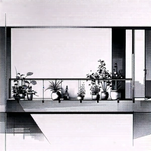 Lifestyle Ink Drawing: Balcony Garden With (minimalist:1.47) Decor With Black White