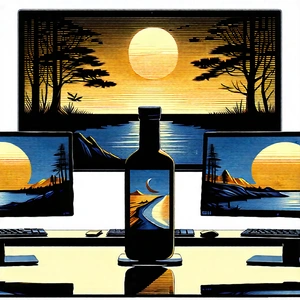 Business Woodcut Print: Education Professional Using Multiple Monitors With Image, There