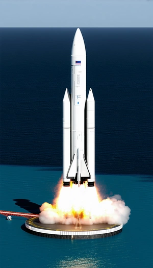 A White Rocket Ship With A Blue And Red Flag On The Side, Flying Through The Sky