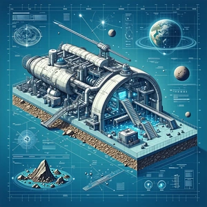 A Blue And White Drawing Of A Space Station Is Shown