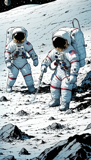 In The Image, There Are Three Astronauts Standing On A Rocky Surface, Possibly On The Moon
