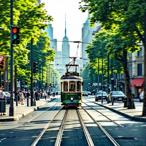 Urban Technical Illustration: City tram in main avenue