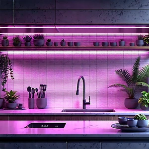 Lifestyle Etching: (modern:1.21) Kitchen With Plants And Natural Elements With Kitchen Sink