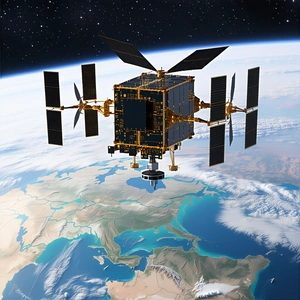A Spacecraft Is Flying Over A Blue And White Globe, Capturing The Attention Of The Viewer