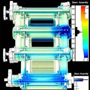 A Blue And White Image Shows A Large, Three-piece Machine With A Blue And White Beam