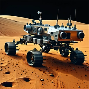A Futuristic Vehicle Is Driving Across A Red Dirt Surface, Possibly On Mars