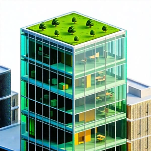 Urban Isometric Design: Glass Office Tower With Green Rooftop With Model Building